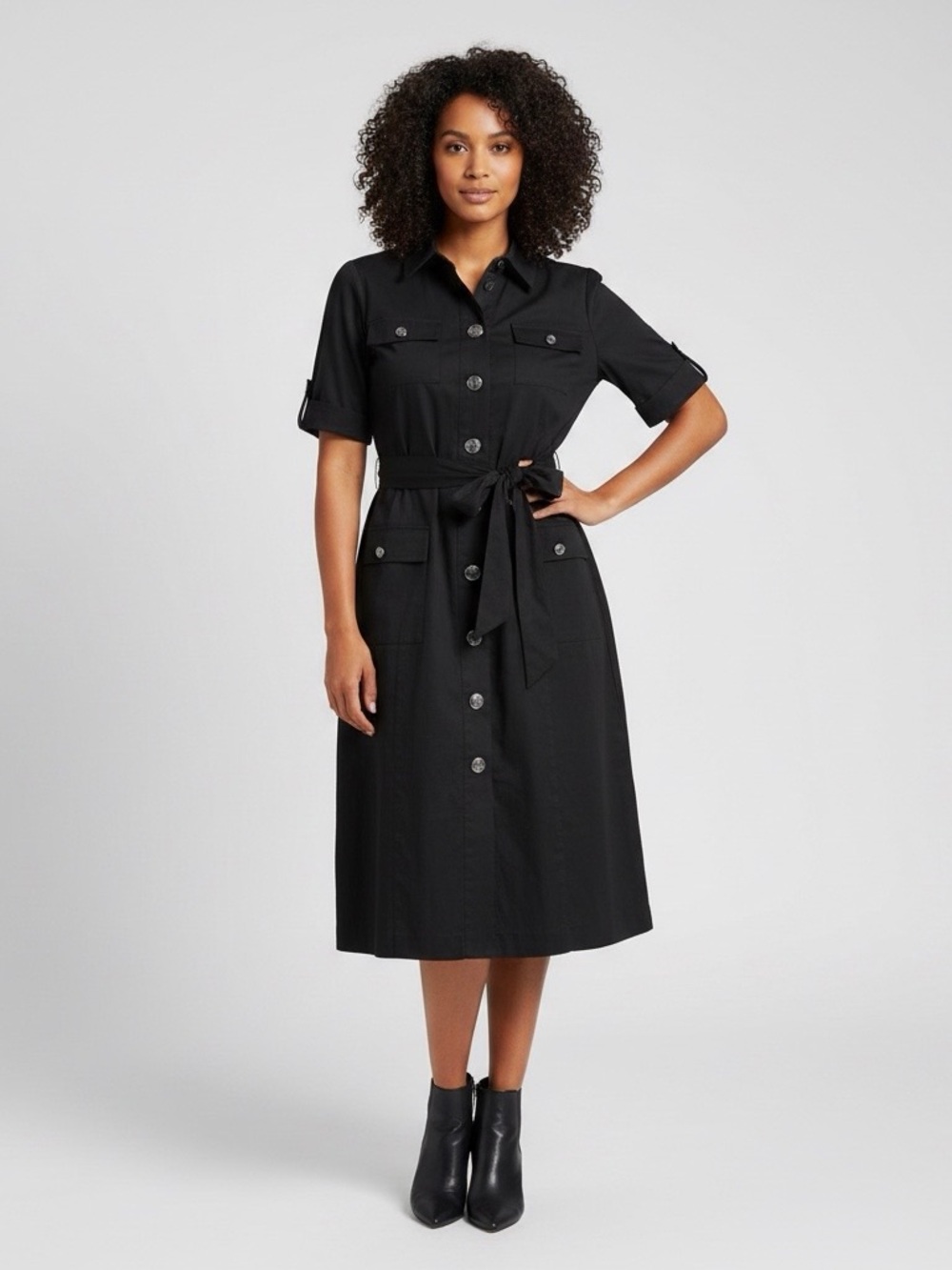 Diane Von Furstenberg Black Button-Front Midi Shirt Dress
